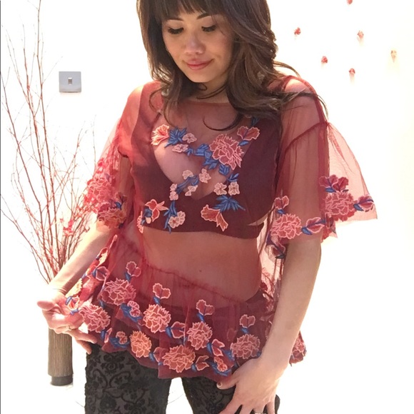 ✨NWOT Zara Women Floral Embroidery Maroon Mesh Top - Picture 5 of 8